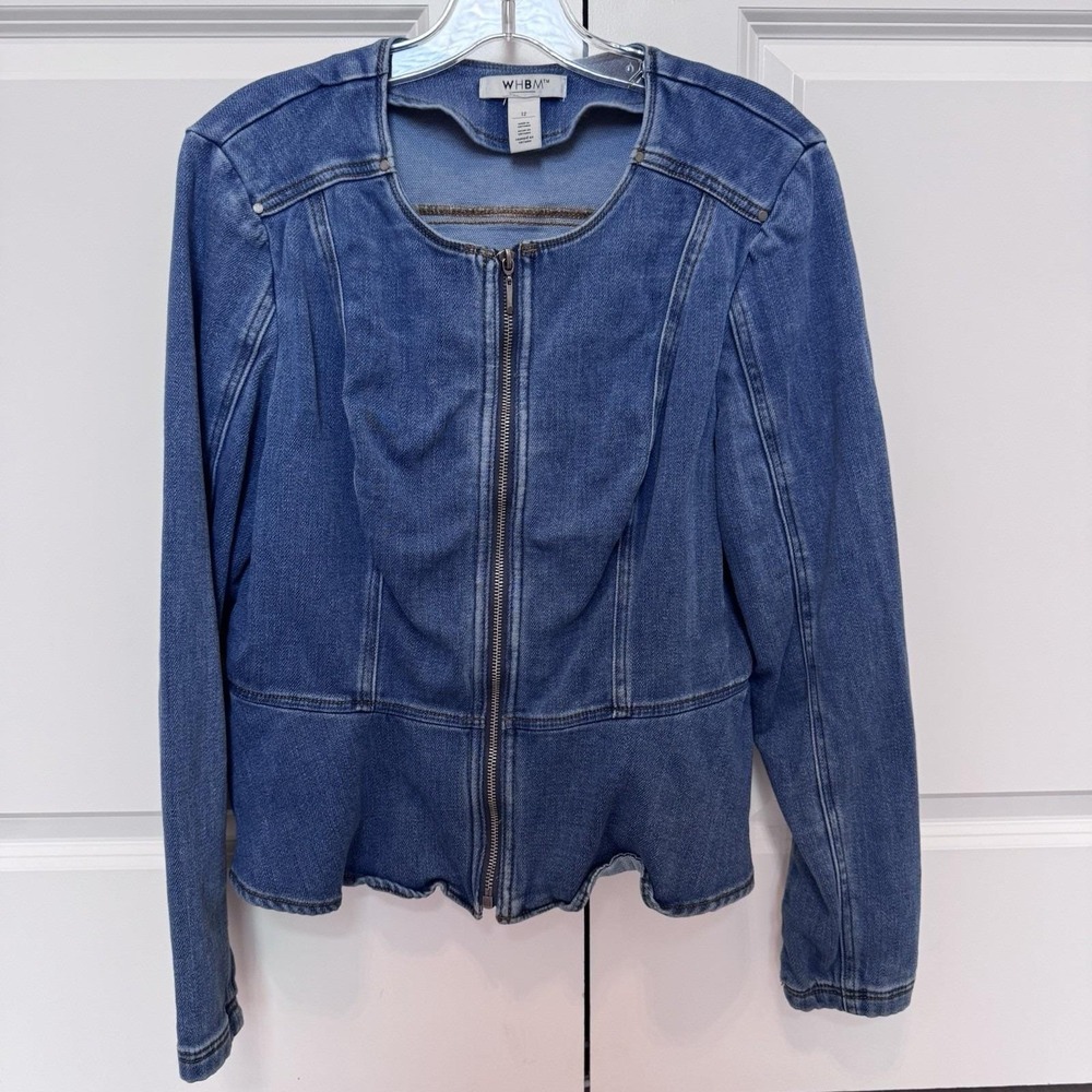 WHBM Womens Denim Zip Front Jacket Size 12 Blue Stretch Jean Jacket